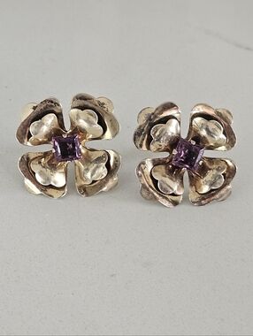 Vintage MCM Sterling Silver Gold Tone Screwback Earrings Amethyst